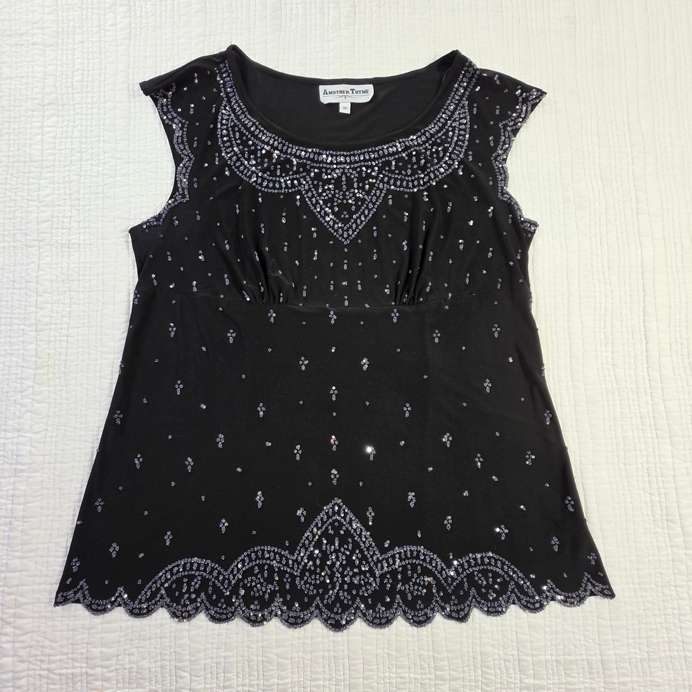 Another Thyme Y2K Whimsigoth Black Beaded Sequin Party Evening Blouse Plus 1X